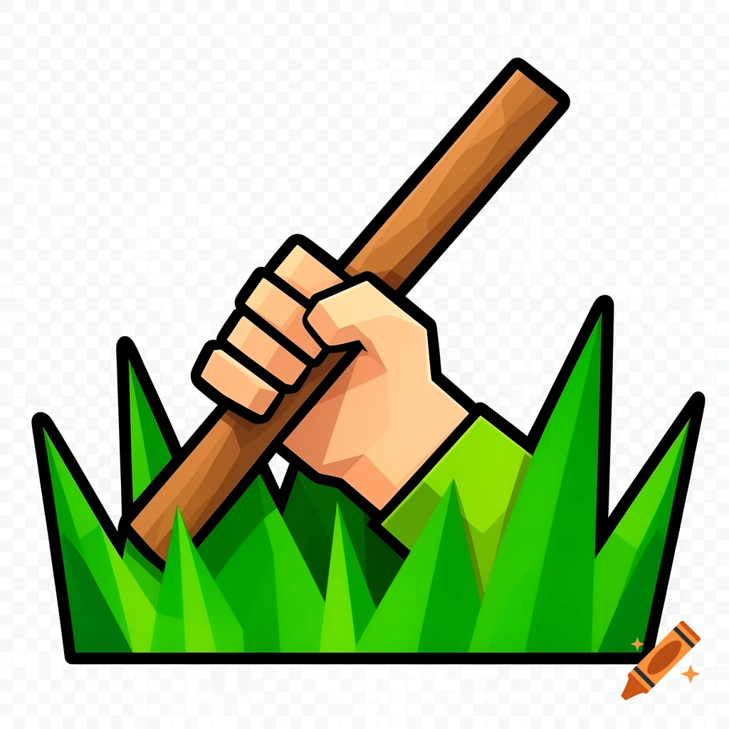 A stylized cartoon game icon of a hand grabbing a wooden stick from green grass.