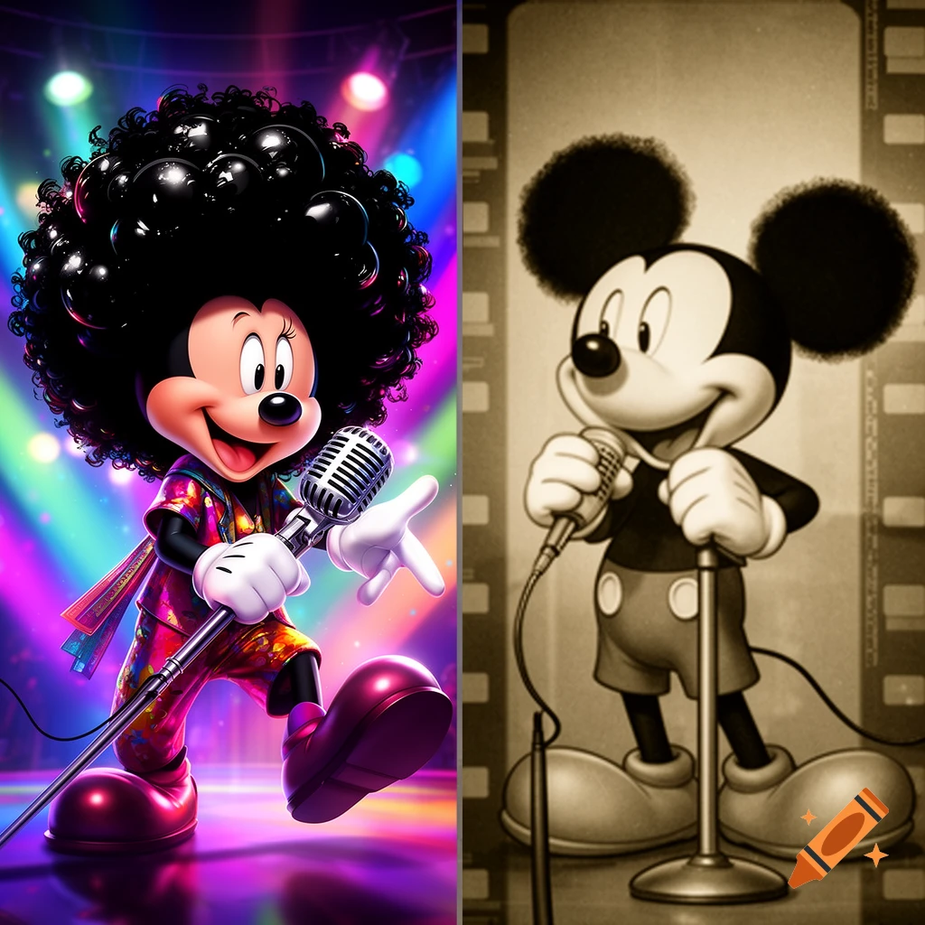 Split image of modern Mickey Mouse with an afro in a disco outfit on a colorful stage, and classic black and white Mickey Mouse singing.