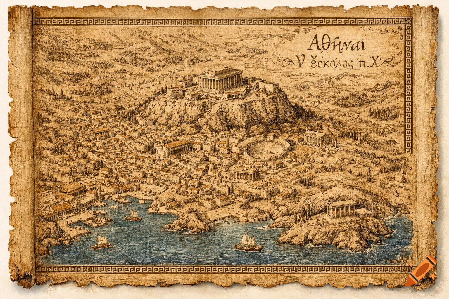 An old, detailed map illustration of ancient Athens, featuring the Acropolis, city buildings, a port with ships, and surrounding landscape, on aged paper.