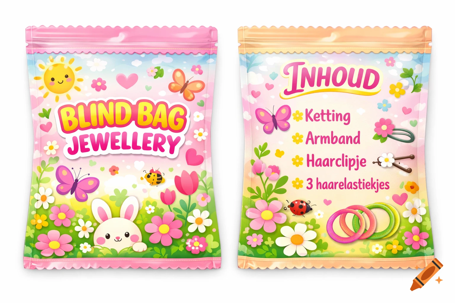Two cheerful, cartoon-style blind bags for children's jewellery, with spring-themed illustrations of flowers, butterflies, and a bunny.