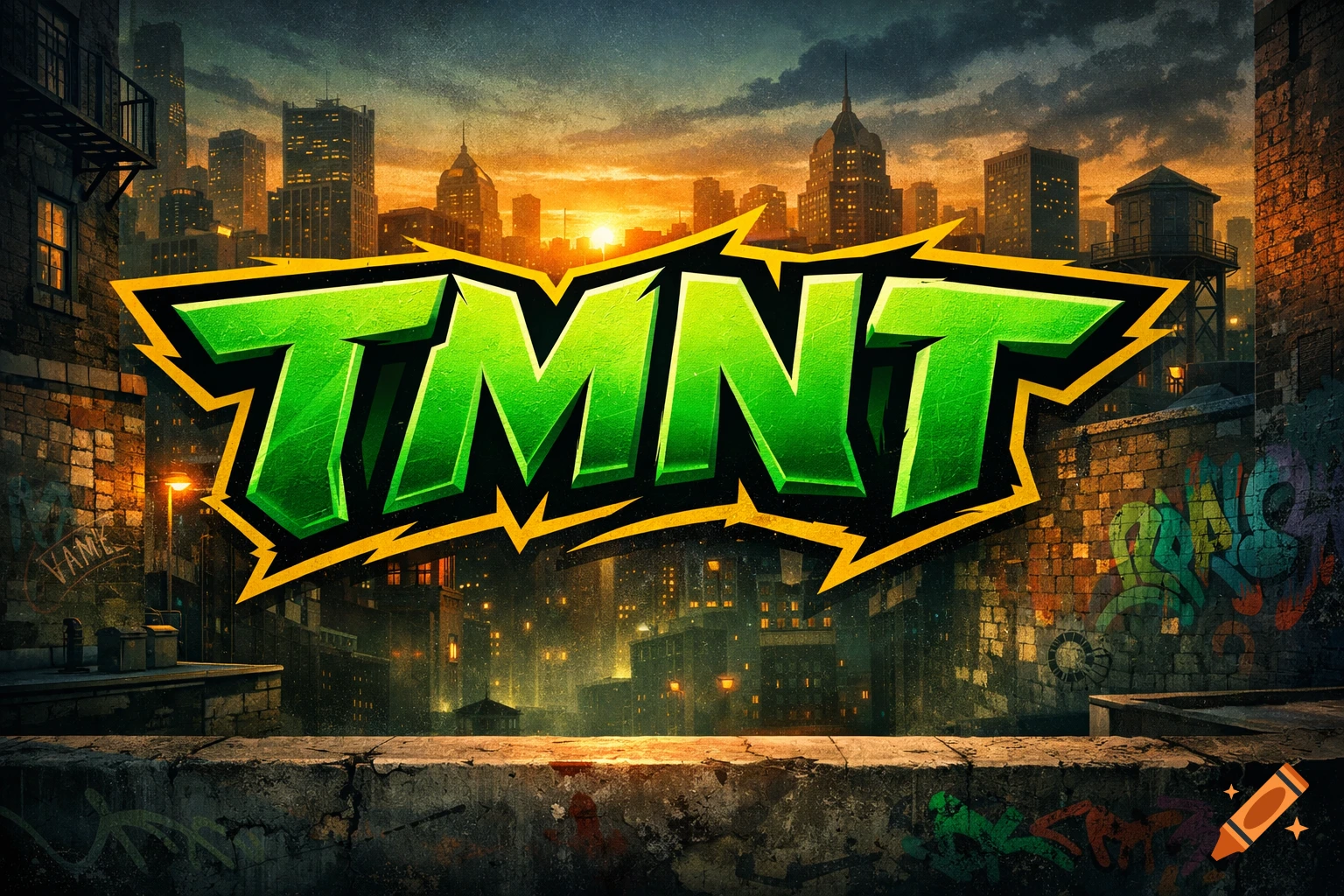 A vibrant green TMNT logo with a yellow lightning bolt outline, set against a dark, detailed cityscape at sunset with streetlights and graffiti.