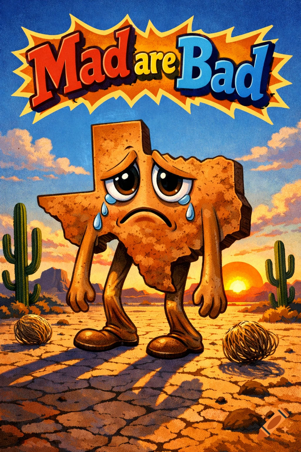 A sad, cartoon Texas state character with crying eyes and legs stands in a desert landscape at sunset, with a 'Mad are Bad' sign above.