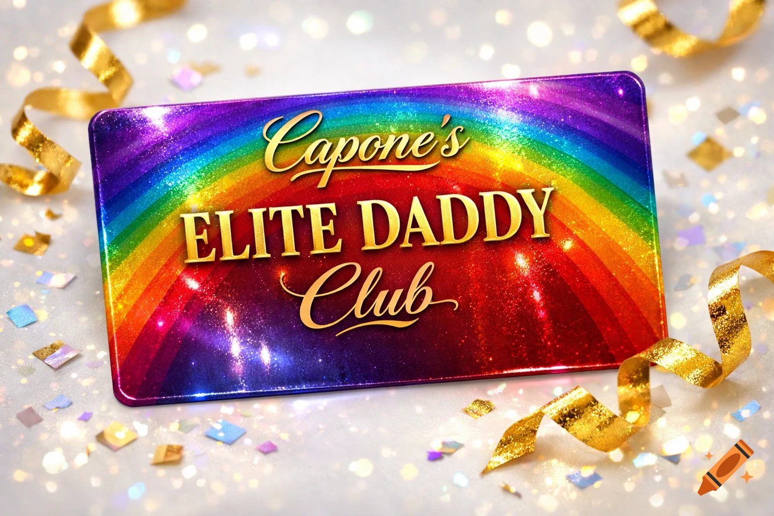 A glittery rainbow-striped gift card reads 'Capone's ELITE DADDY Club' surrounded by golden ribbons and colorful confetti.