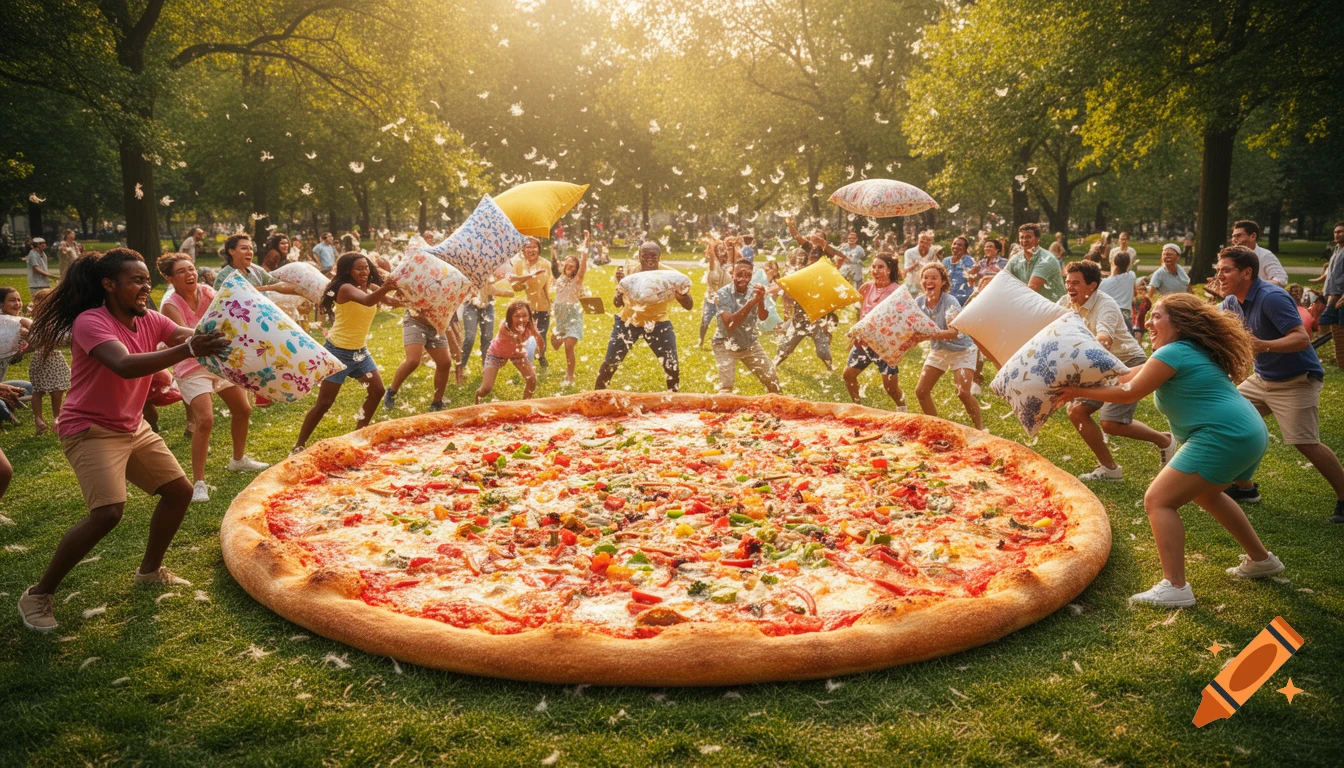 A diverse crowd has a lively pillow fight with feathers flying around a giant pizza on the grass in a sunny park.