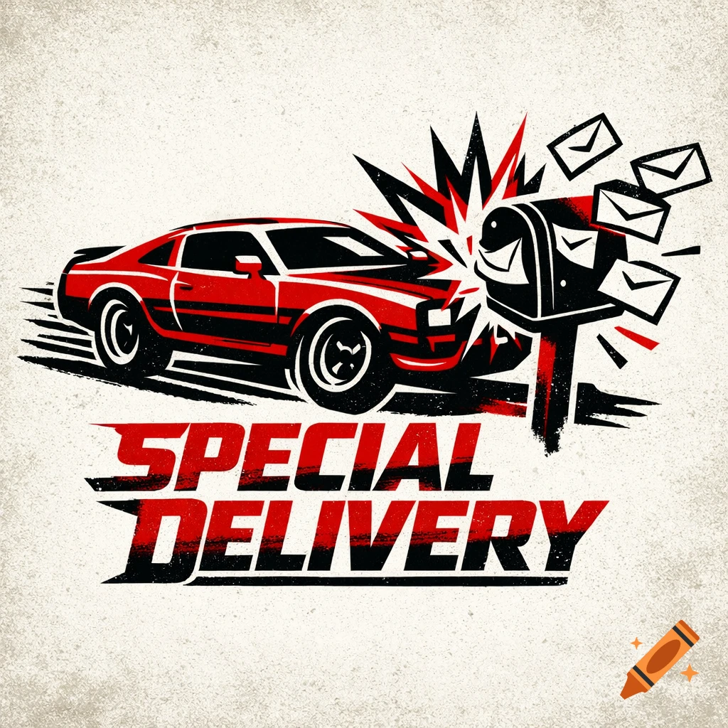 Red and black 80s stencil logo of a car crashing into a mailbox with letters, text 'SPECIAL DELIVERY'.