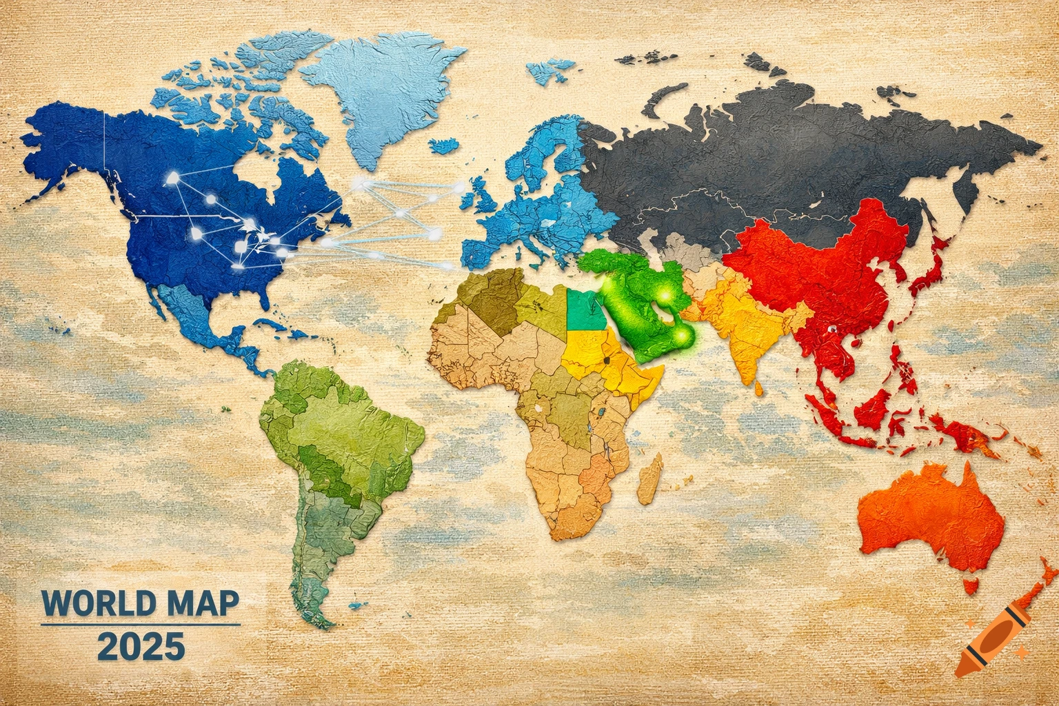 A stylized world map for 2025, with continents in varied colors and a network of lines over North America and Europe.