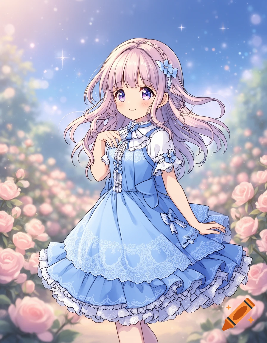 An anime girl with long pink hair and purple eyes, wearing a blue ruffled dress, stands smiling in a vibrant rose garden with sparkling light.