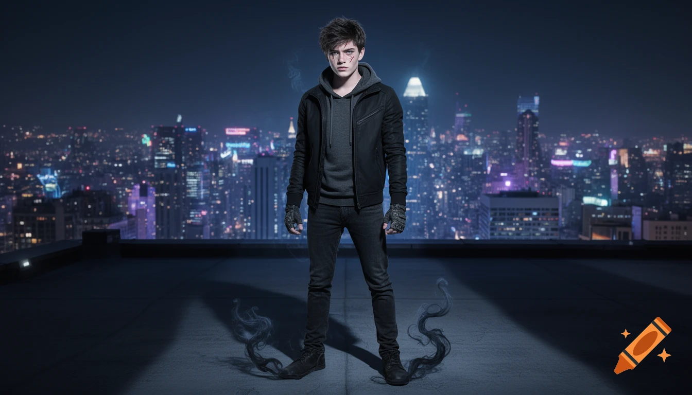 A young man with dark hair, a facial scar, and a black jacket stands on a rooftop at night with dark smoke around his feet, city lights in the background.