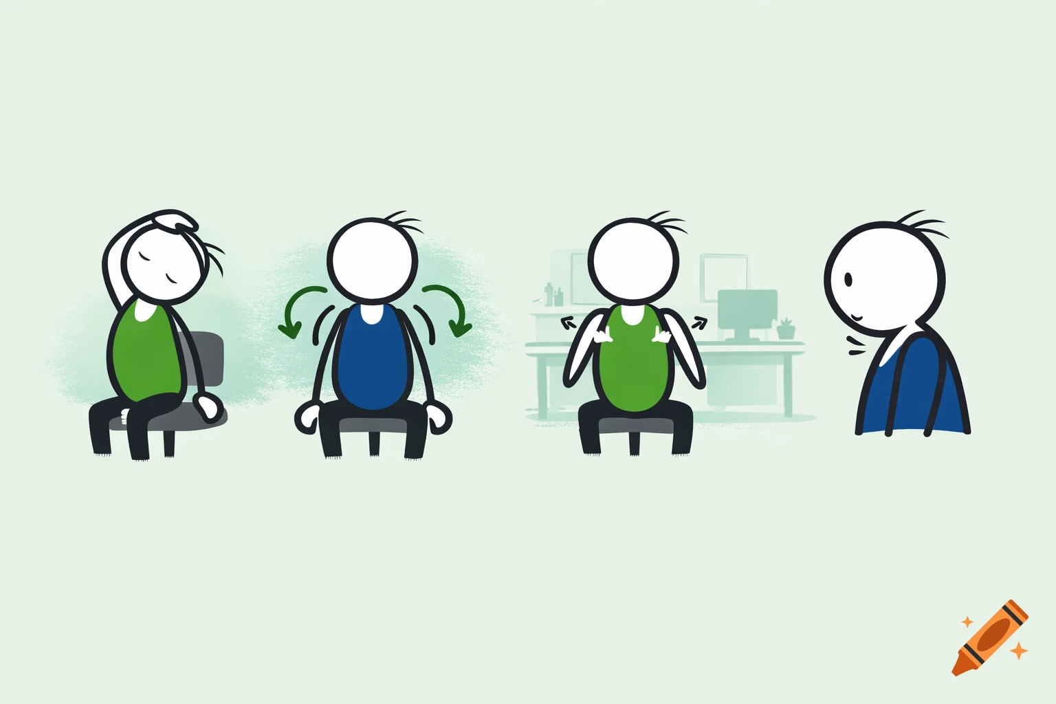 Four stick figures illustrate various office exercises, including a neck stretch, shoulder circles, and shoulder blade squeezes, in a simple doodle style.