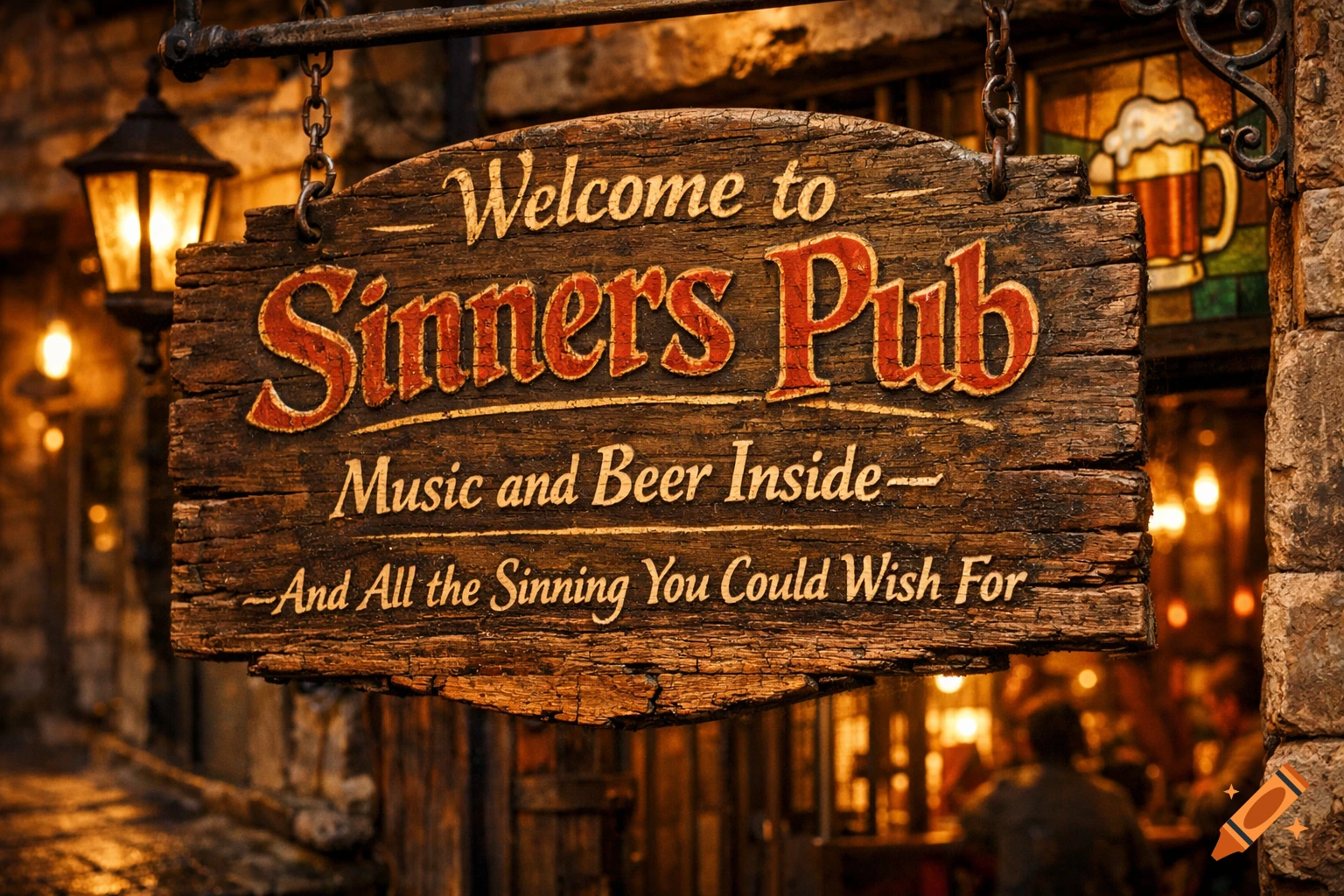 A rustic wooden pub sign hangs from chains, illuminated by a warm lantern. It reads 'Welcome to Sinners Pub Music and Beer Inside -And All the Sinning You Could Wish For'.