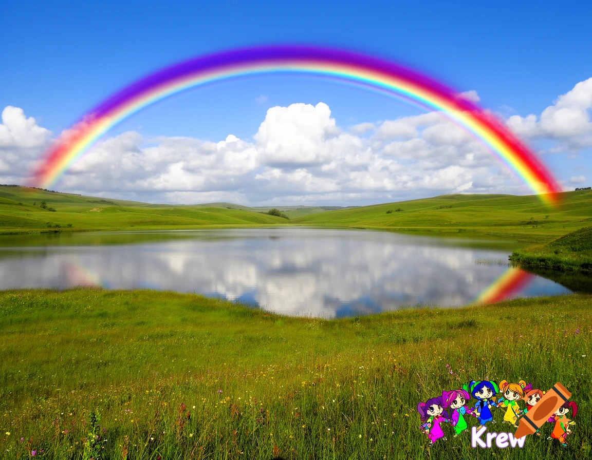 A vibrant rainbow over a calm lake reflecting clouds and green hills, with colorful cartoon figures and 'Krew' text.