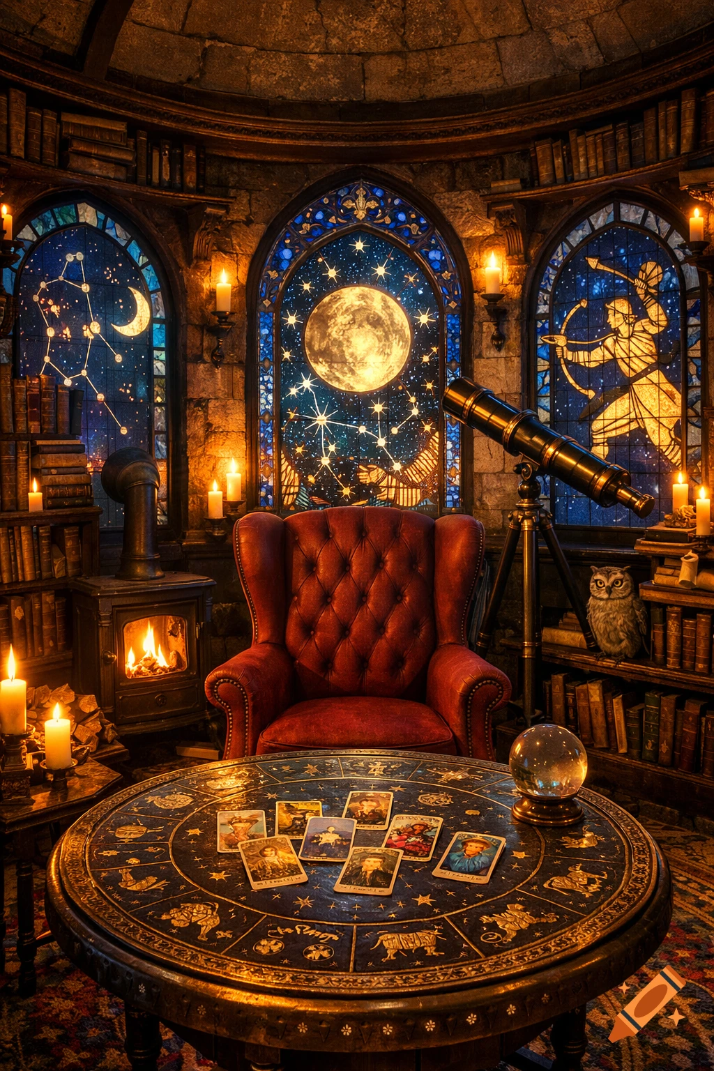 A cozy, magical study with a red armchair, a zodiac table with tarot cards, stained glass constellation windows, a telescope, a fireplace, and an owl.