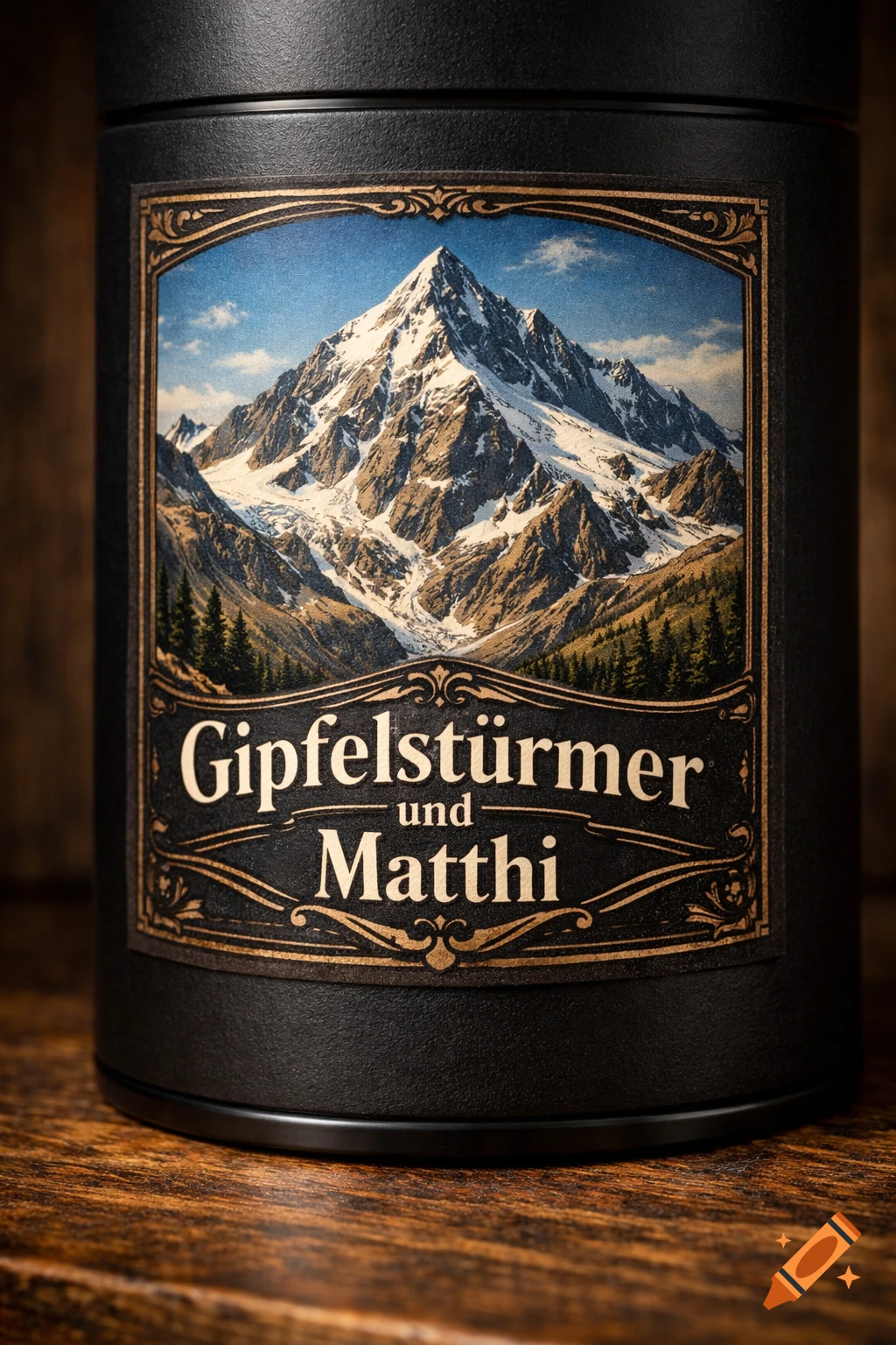 A black container with a detailed label showing snow-capped mountains, pine trees, and the text 'Gipfelstürmer und Matthi'.