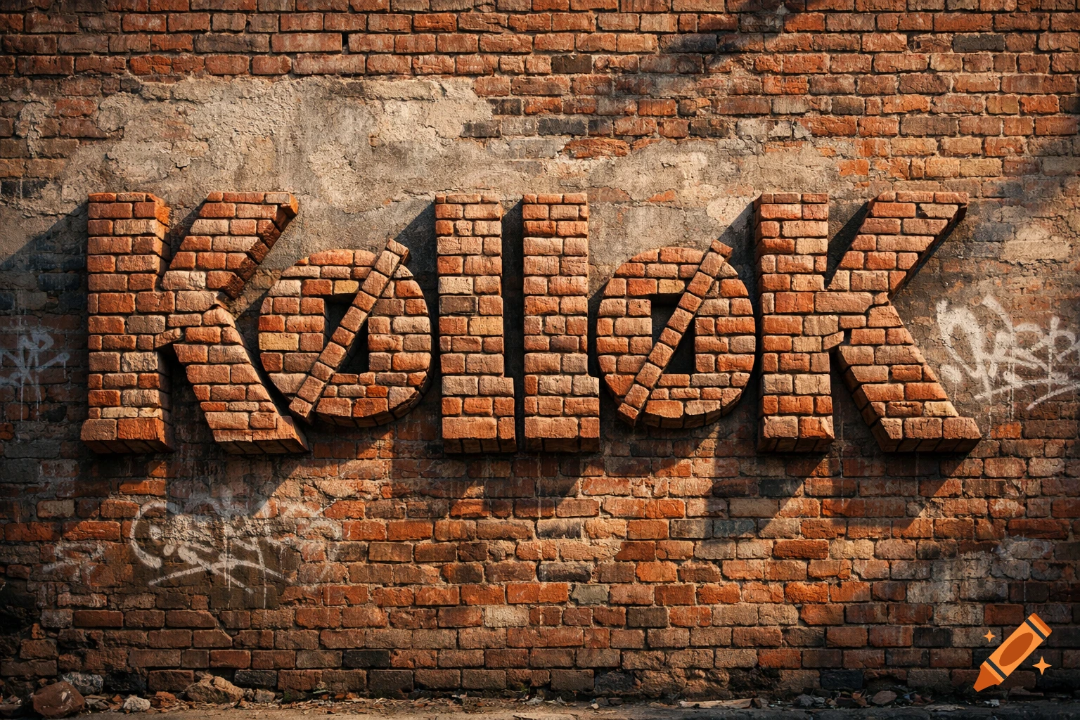 3D brick text spelling "KølløK" on a textured, weathered brick wall with subtle graffiti.