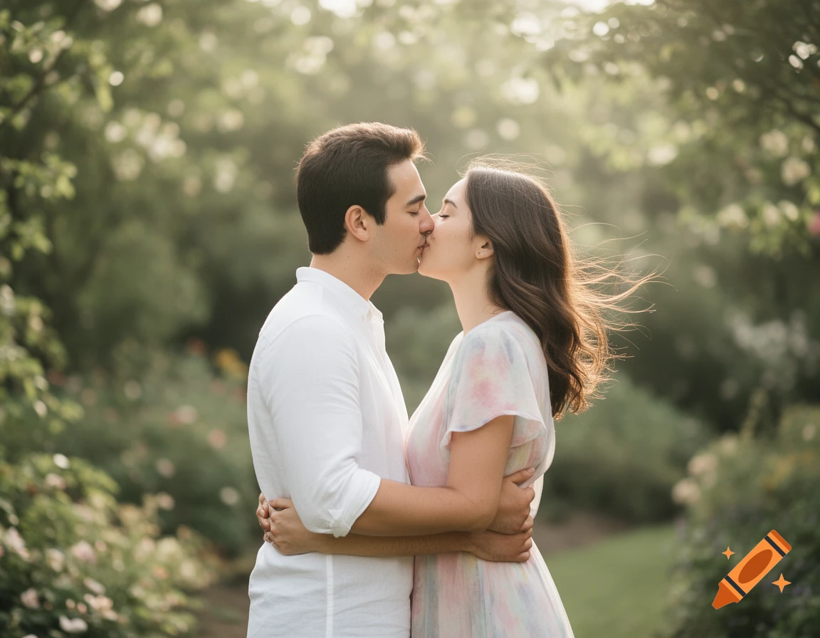 A young couple kisses passionately amidst a sunlit green garden.