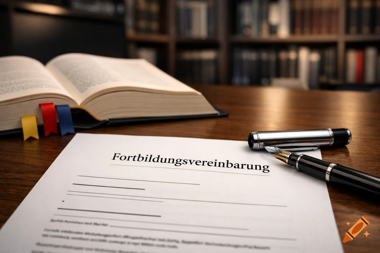 A desk with a document titled "Fortbildungsvereinbarung", a fountain pen, an open book, and a blurred bookshelf in the background.