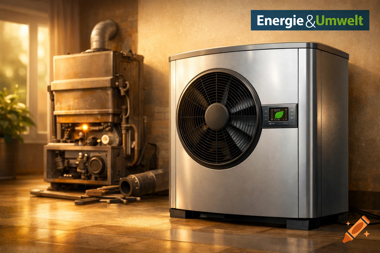 A sleek silver heat pump with a fan and digital display stands next to a rustic, old-fashioned gas furnace in a warm-lit room.