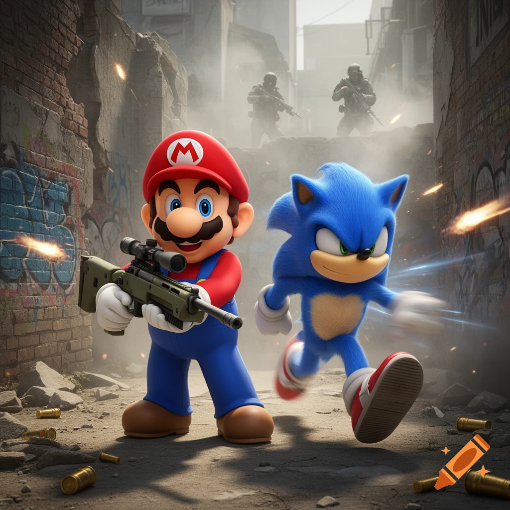 Mario holding a rifle and Sonic running, both in a ruined urban street with soldiers in the smoky background and bullet casings on the ground. CGI style.
