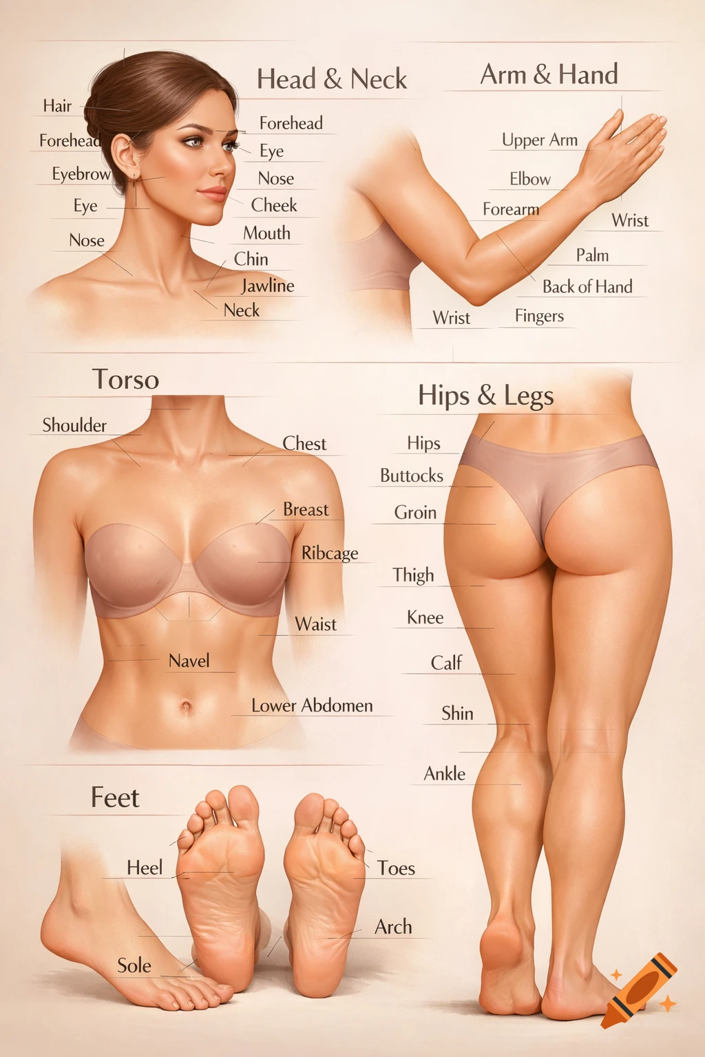 Detailed anatomical chart of a female body, labeling parts of the head, neck, arm, hand, torso, hips, legs, and feet.