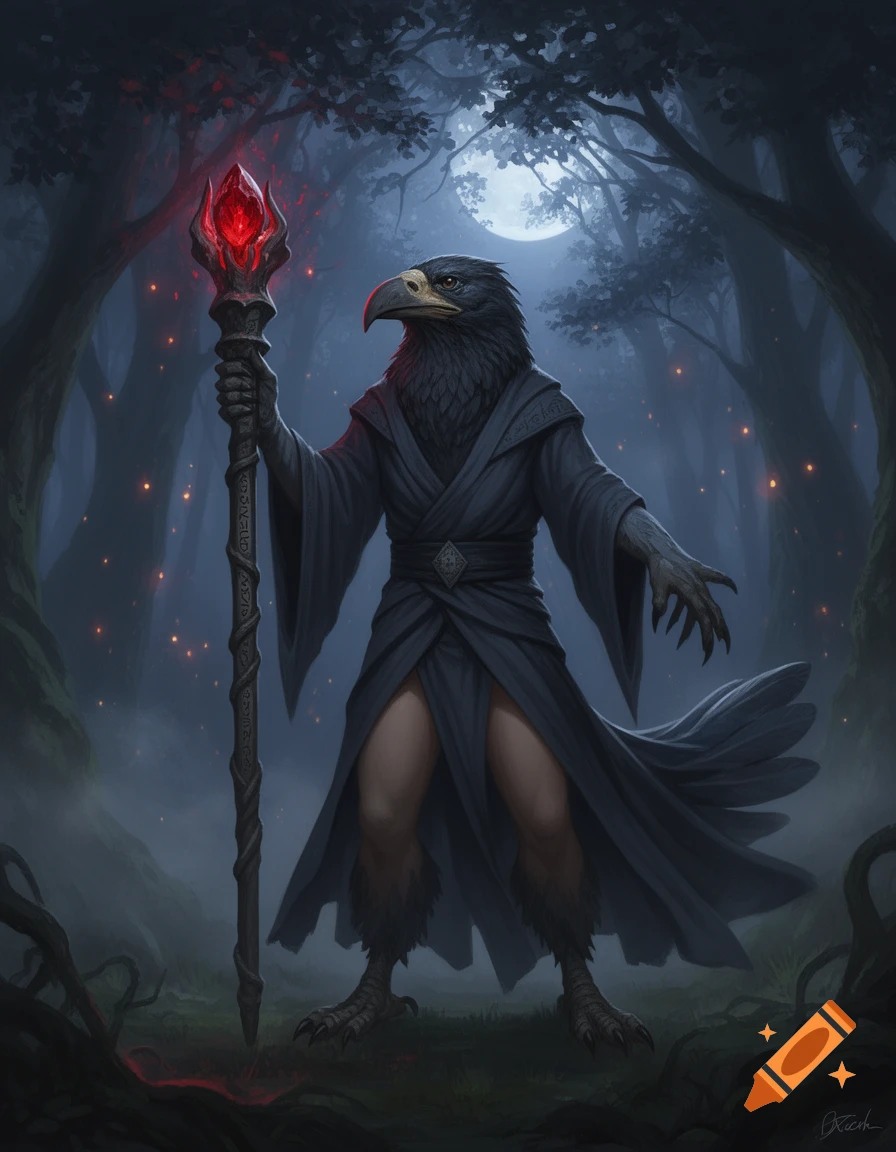 A bird-headed wizard in a dark robe stands in a misty forest under a full moon, holding a staff with a glowing red stone.