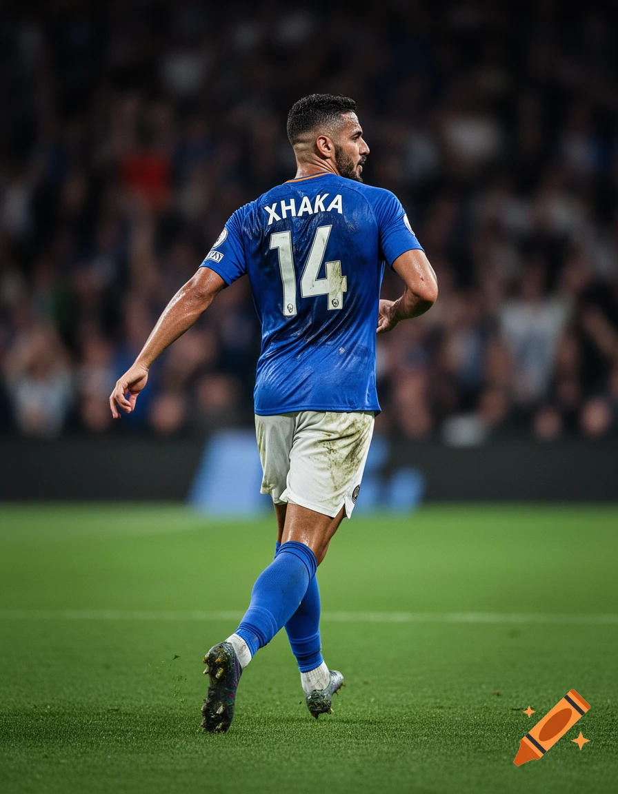 A male soccer player in a blue jersey with 'XHAKA 14' on the back walks on a green field.