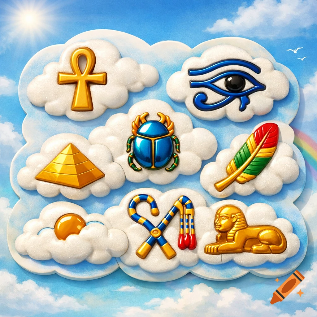 A whimsical illustration of golden Egyptian symbols like an ankh, Eye of Horus, scarab, pyramid, and sphinx embedded in white clouds against a blue sky with a rainbow.