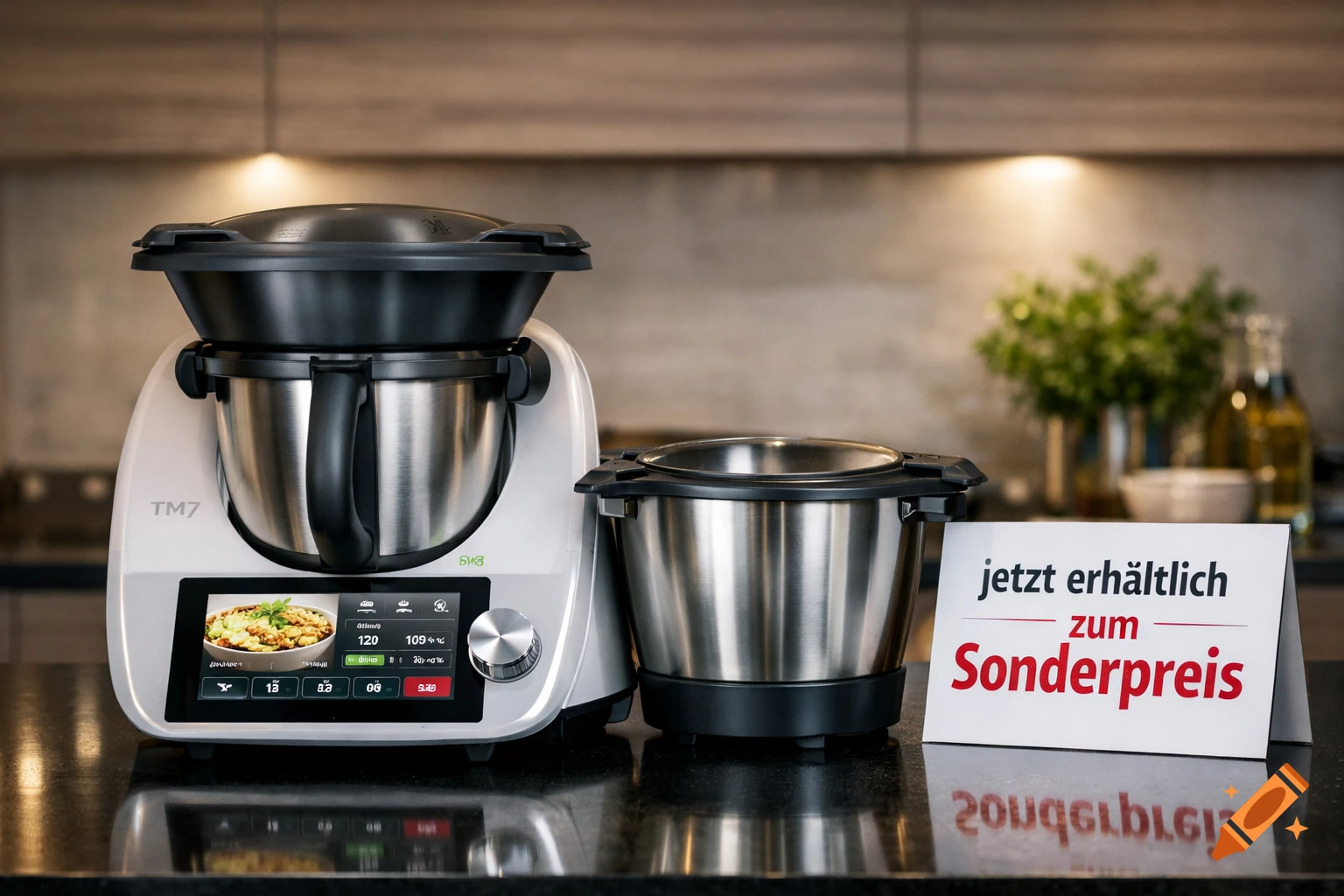 Photorealistic kitchen scene with a white and silver TM7 appliance, a second bowl, and a sign stating 'jetzt erh tlich zum Sonderpreis'.