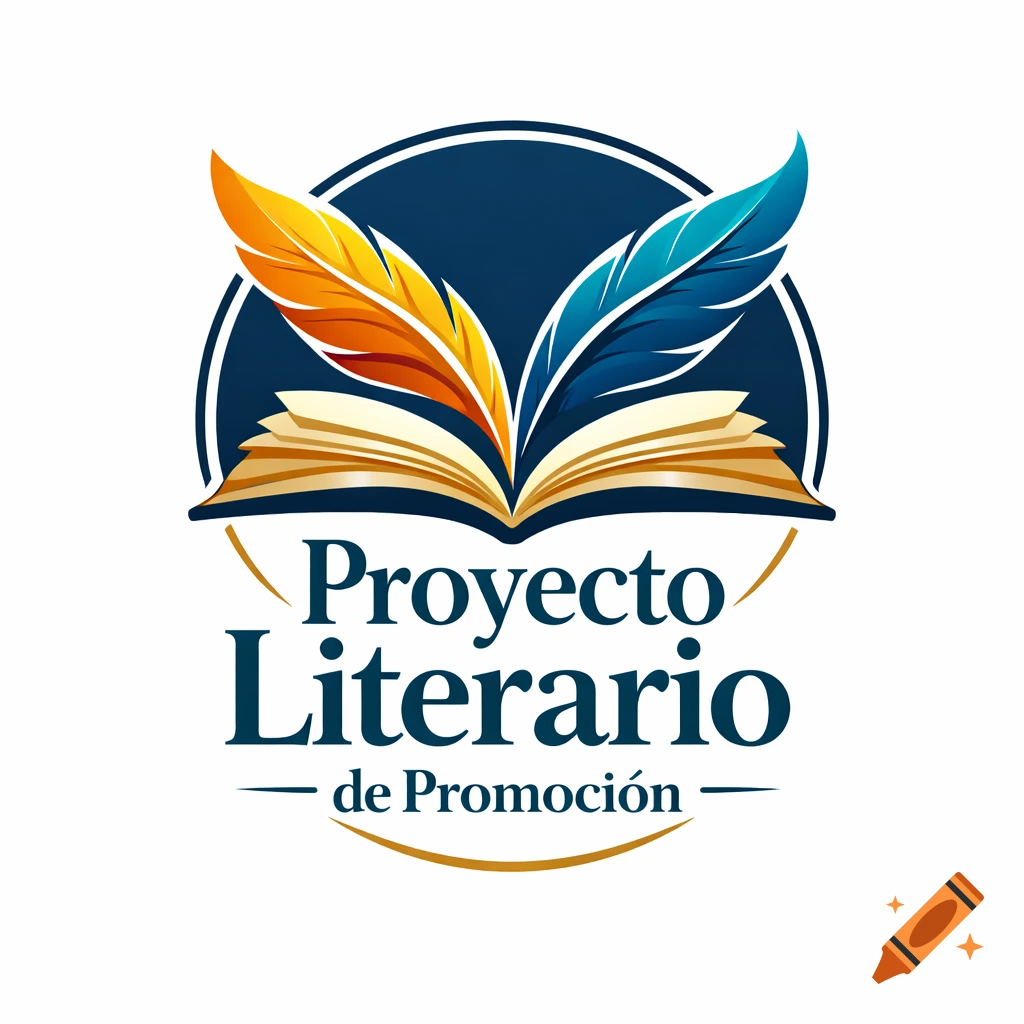 Logo for a literary project featuring an open book with two quills, one orange and one blue, set against a dark blue circular background, with the text "Proyecto Literario de Promoción" below.