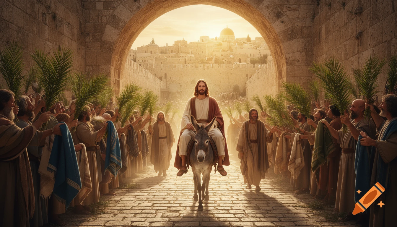 Jesus rides a donkey into Jerusalem, welcomed by a crowd waving palm branches. The ancient city glows under a golden sky.