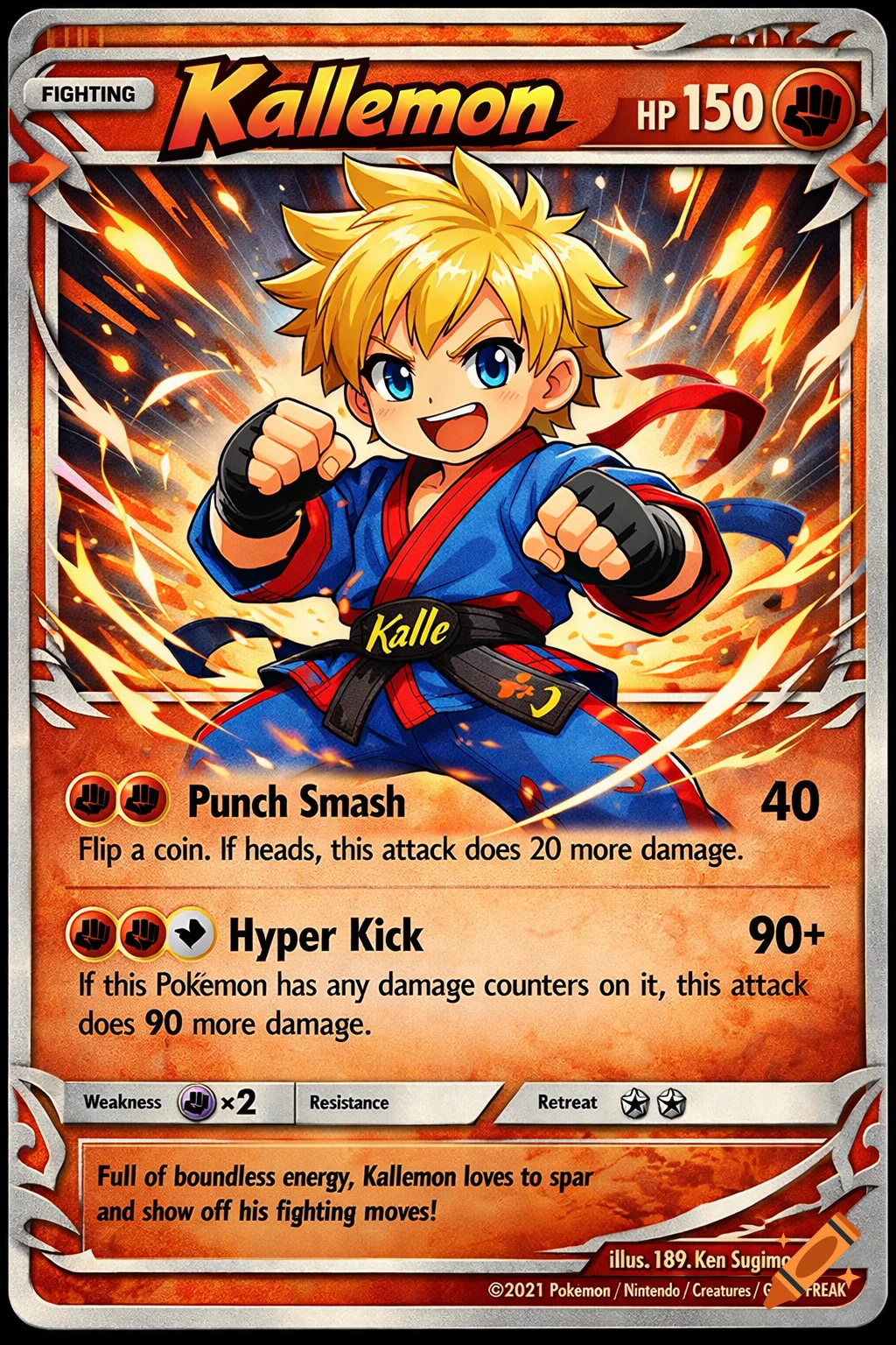 Anime-style trading card of Kallemon, a blonde boy in a blue martial arts uniform, striking a fighting pose with energy bursts.
