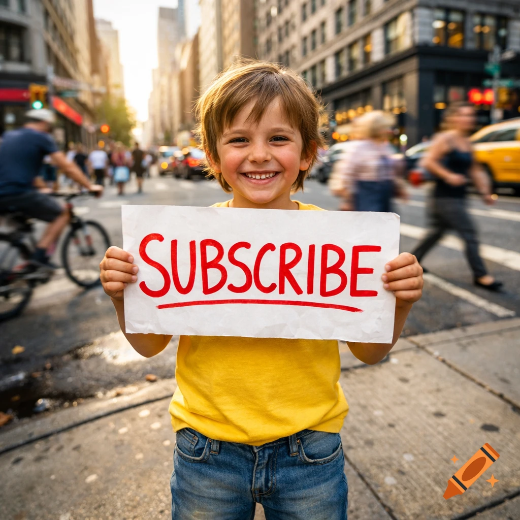 Smiling boy in a yellow shirt and jeans holds a white sign with 'SUBSCRIBE' written in red, on a bustling city street at sunset.