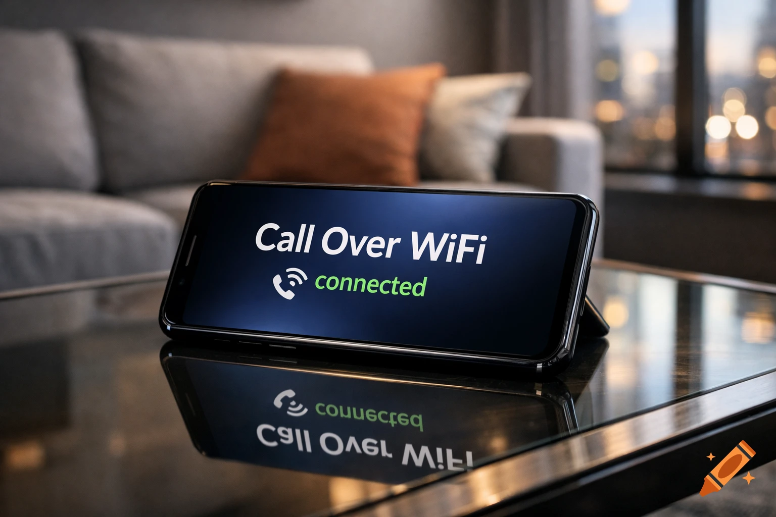 A smartphone rests on a glass table, its screen displaying 'Call Over WiFi connected' with a subtle phone icon. A blurred modern living room is in the background.