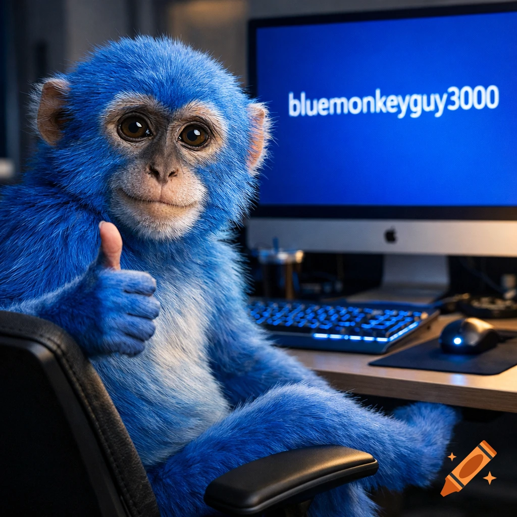 A blue monkey sits at a computer, giving a thumbs up, with 'bluemonkeyguy3000' on the screen, in a photorealistic style.