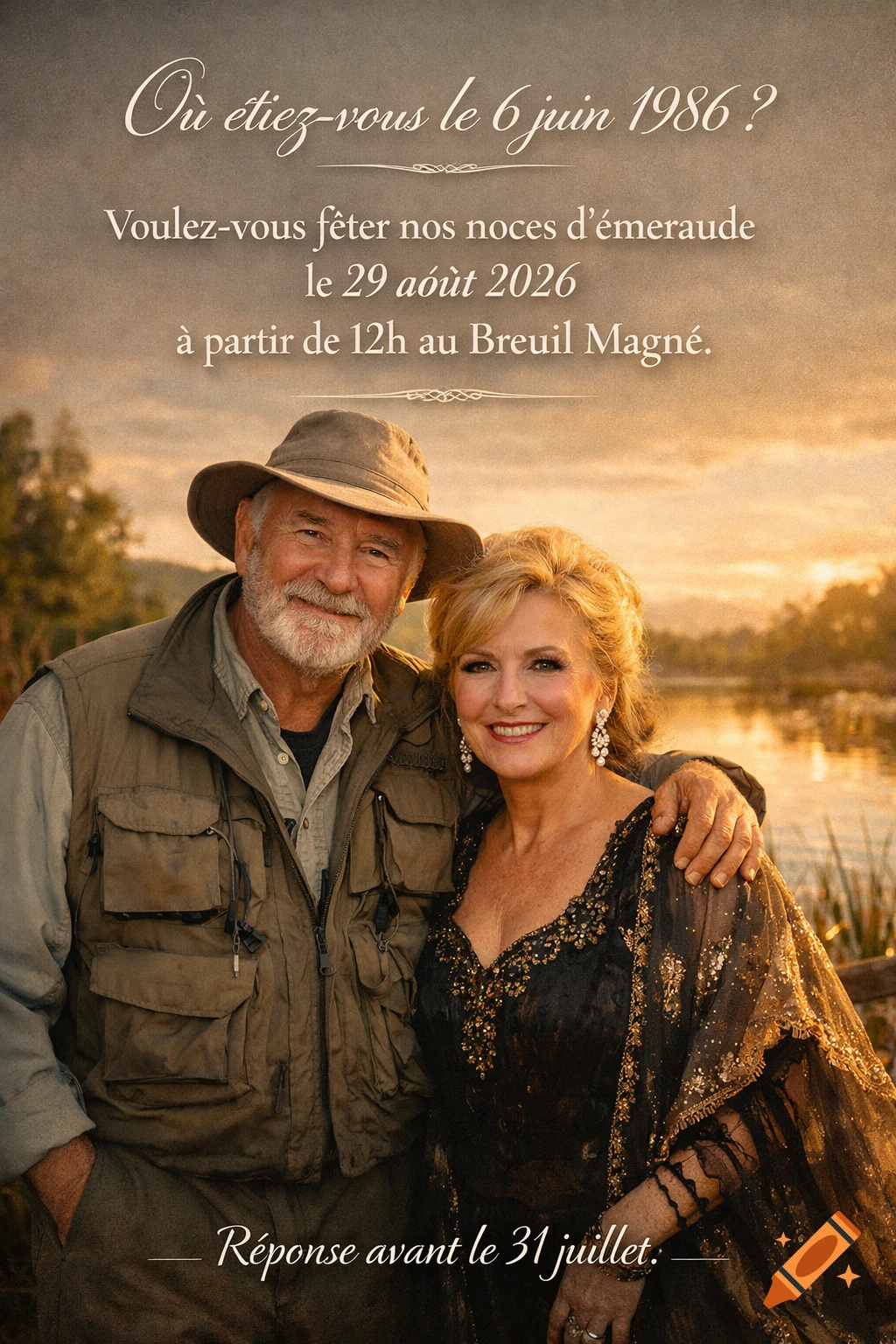 Smiling older couple in an outdoor setting, posing for a wedding anniversary invitation with French text.