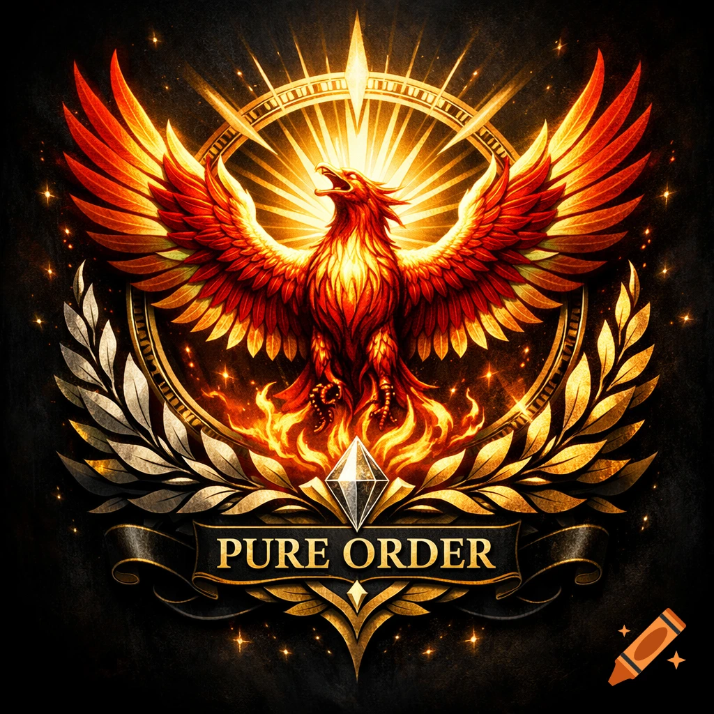 A vibrant, glowing phoenix emblem against a dark background, framed by laurel wreaths with a banner reading "PURE ORDER".