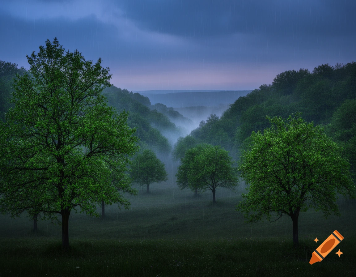A moody, photorealistic landscape of a green valley with trees, mist, and falling rain under a dark sky.
