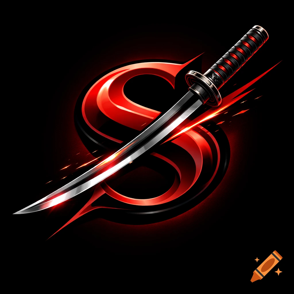 A stylized red and black letter S with a silver katana blade passing through it, against a dark background.