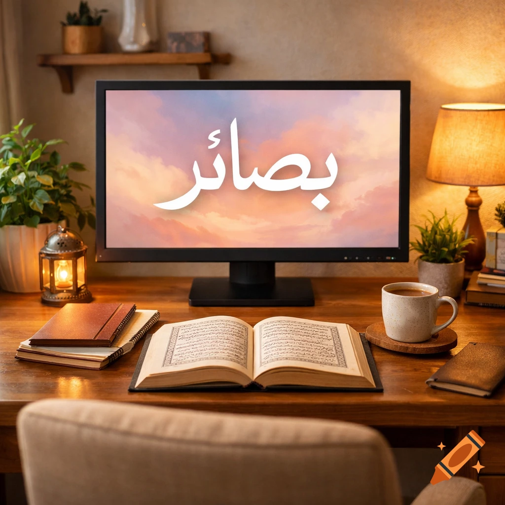A cozy study desk with a computer displaying Arabic text 'بصائر' on screen, an open Quran, a coffee cup, plants, and a lantern.