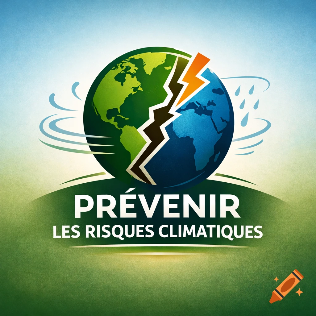 Stylized illustration of a cracked globe with a lightning bolt, rain, and wind, above text in French about preventing climate risks.
