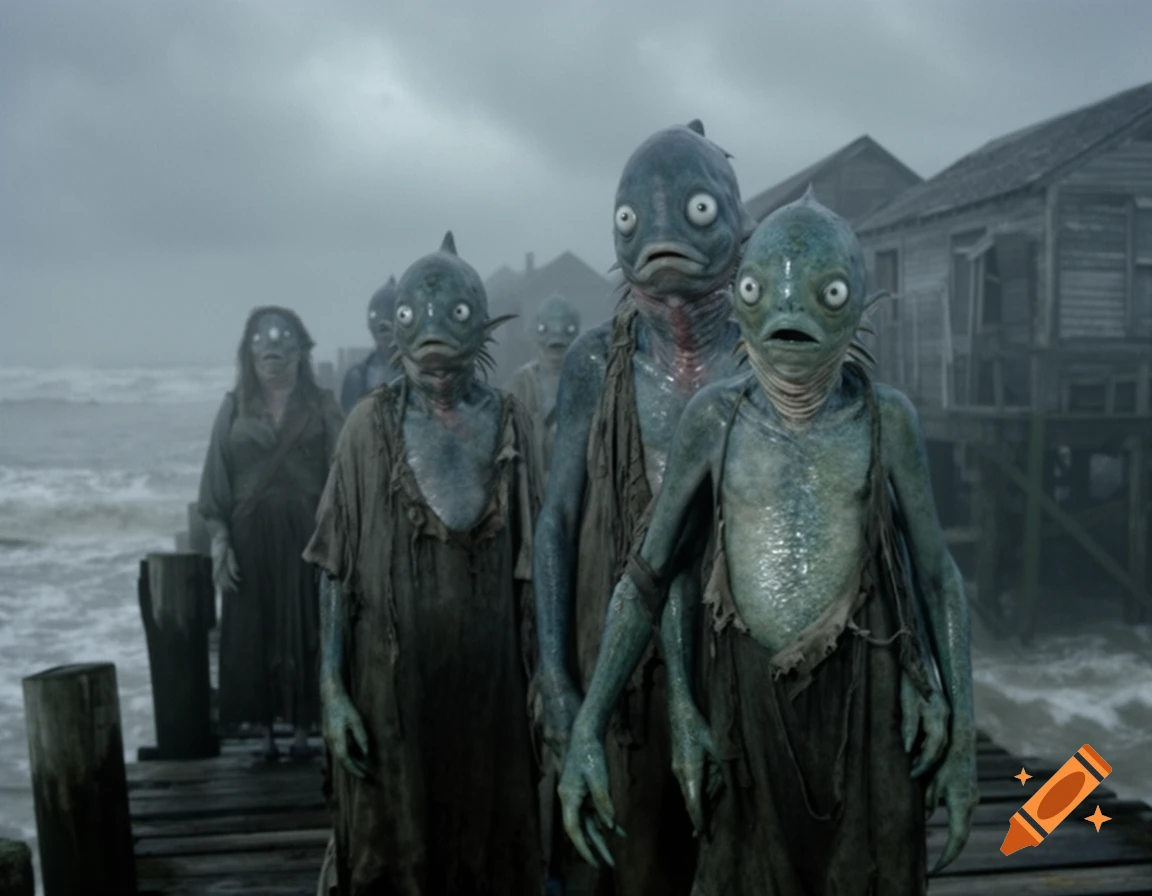 A group of fish-human hybrids on a stormy dock, with dilapidated buildings in the background.