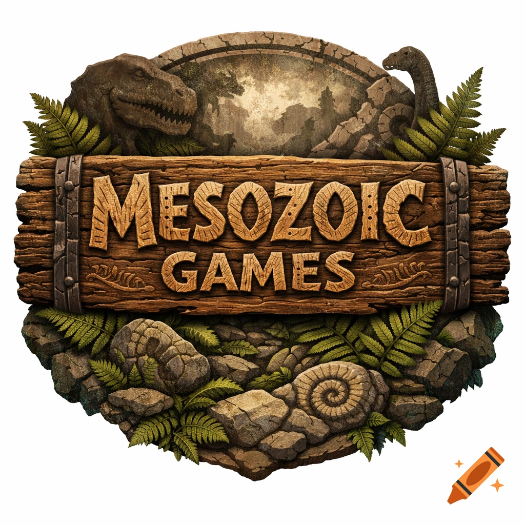 A prehistoric-themed logo with a wooden sign reading 'MESOZOIC GAMES', featuring dinosaurs, rocks, and ferns.