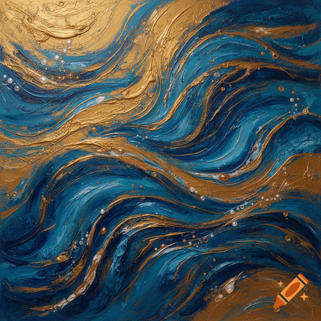 Textured abstract art with flowing blue and gold swirls, resembling waves, accented with small white and gold speckles.