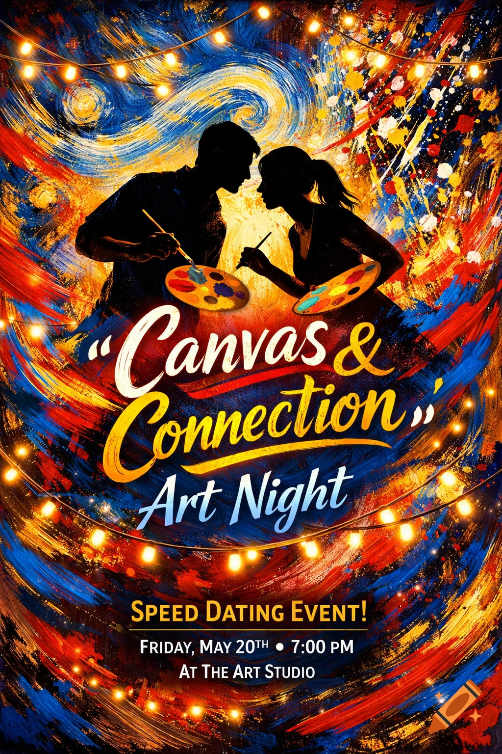 Vibrant poster for 'Canvas & Connection: Art Night' speed dating event, showing painter silhouettes, colorful strokes, and string lights.