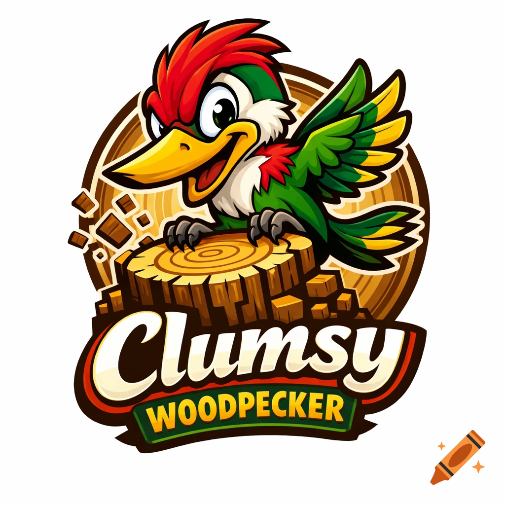 Vibrant cartoon logo of a happy woodpecker on a tree stump, with 'Clumsy Woodpecker' text.