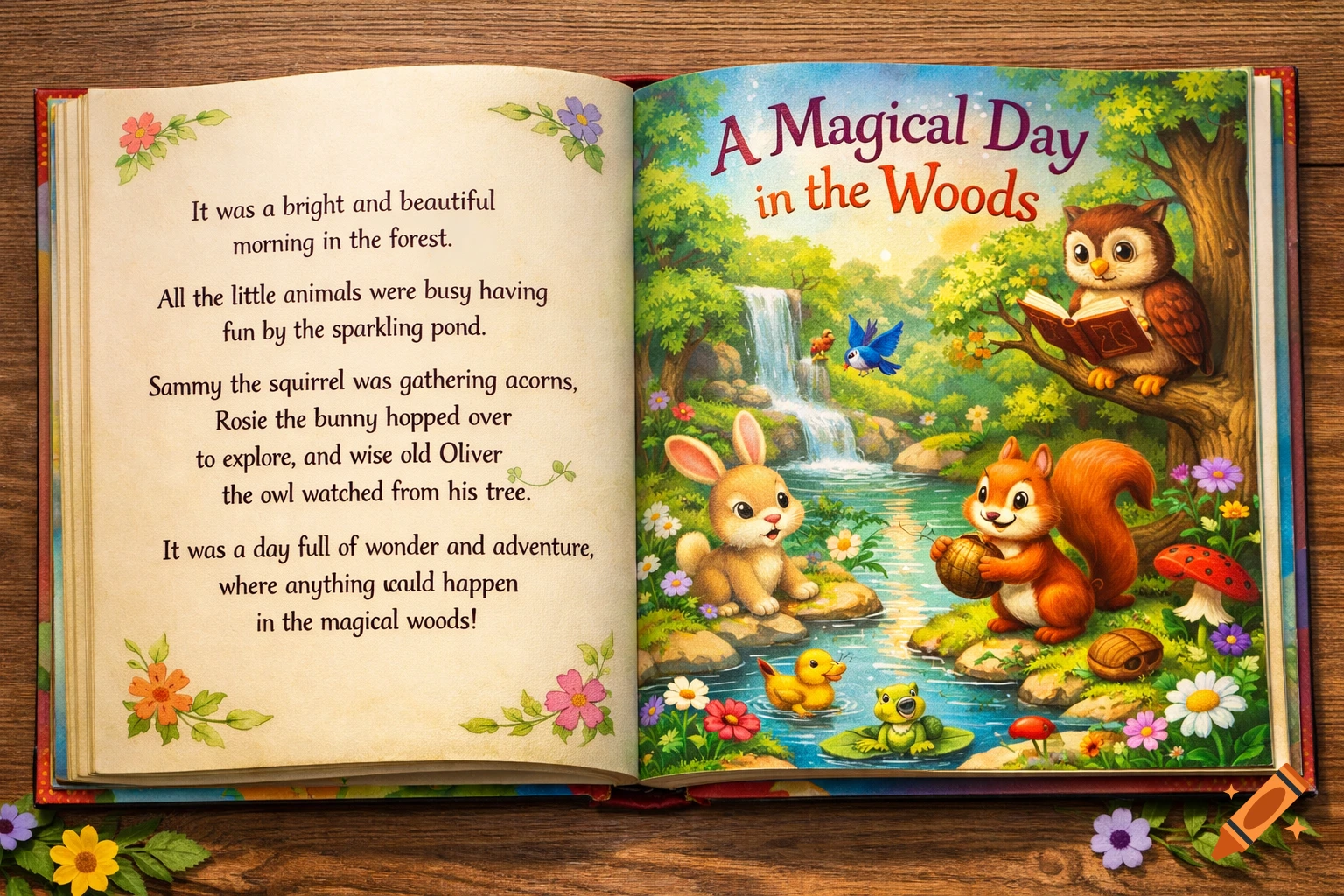 An open children's storybook on a wooden table, showing a vibrant forest illustration with cartoon animals and accompanying text.