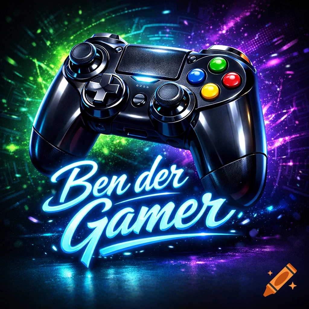 A black video game controller with colorful buttons over glowing blue text 'Ben der Gamer' on a neon green and purple background.