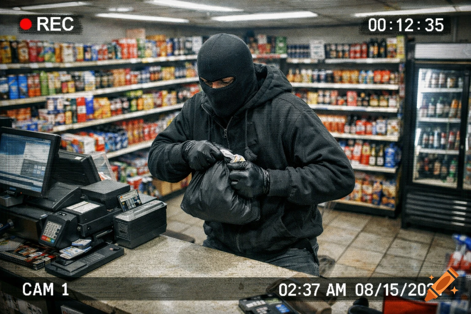 A balaclava-clad robber in a dark hoodie puts money into a bag at a store counter, captured by a grainy CCTV camera with timestamp.