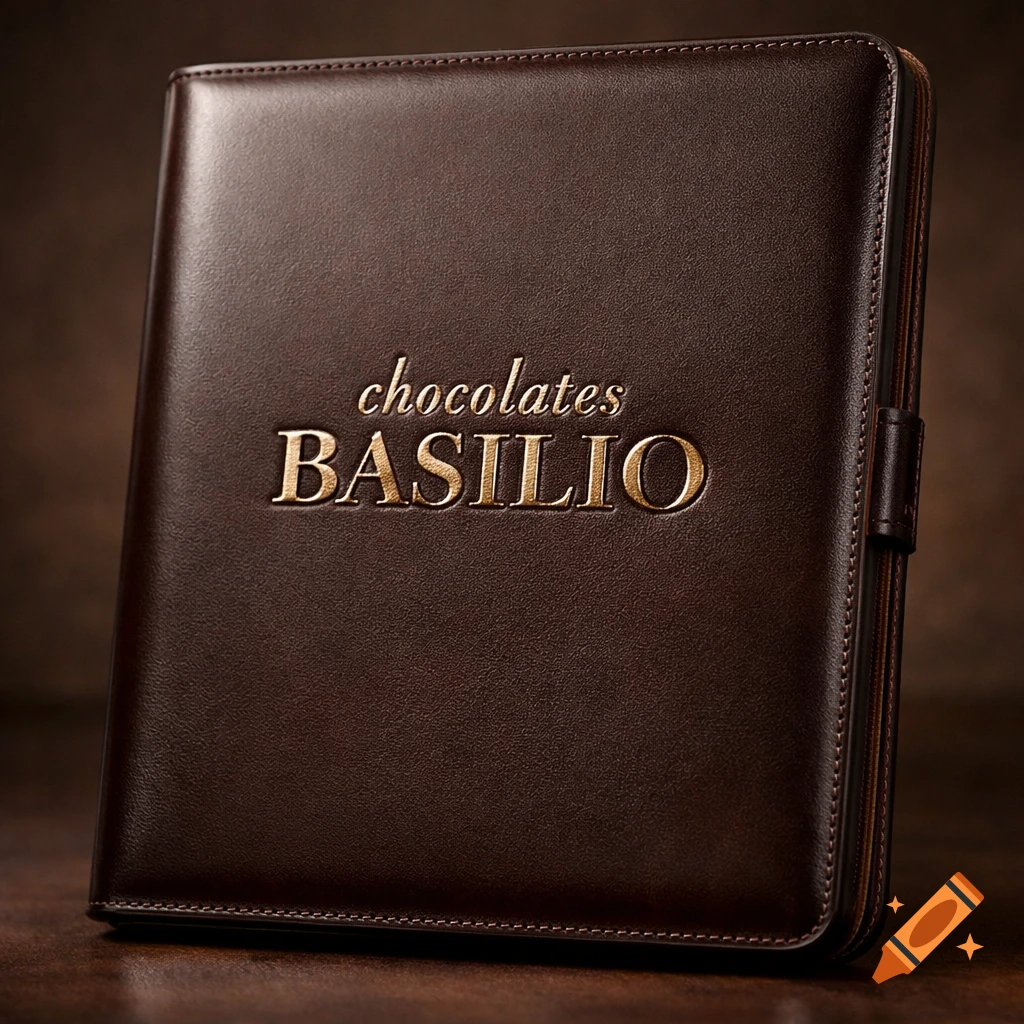 Close-up of a dark brown leather-textured case with 'chocolates BASILIO' embossed in gold letters on the front.