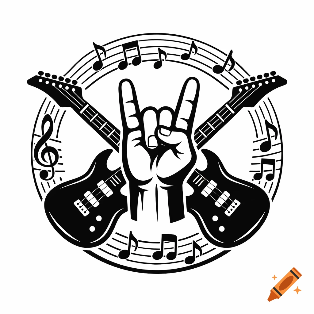 Black and white vector art emblem with a 'rock on' hand gesture, two electric guitars, and musical notes on a staff.
