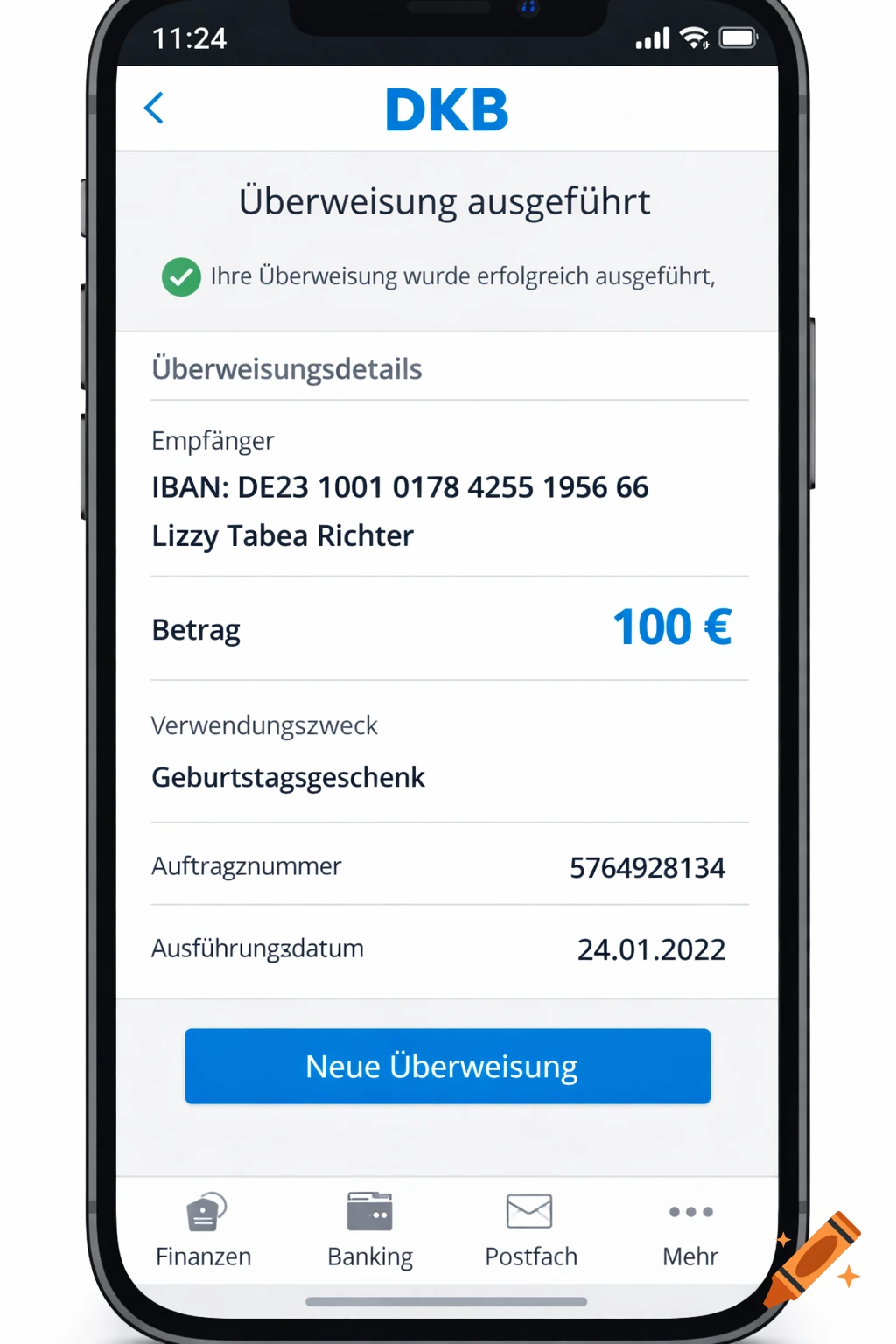 A smartphone displaying a DKB banking app screen showing a successful transfer of 100 Euros to Lizzy Tabea Richter.